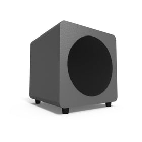 Kanto SUB8VMG sealed enclosure under-desk for precise bass in compact spaces.