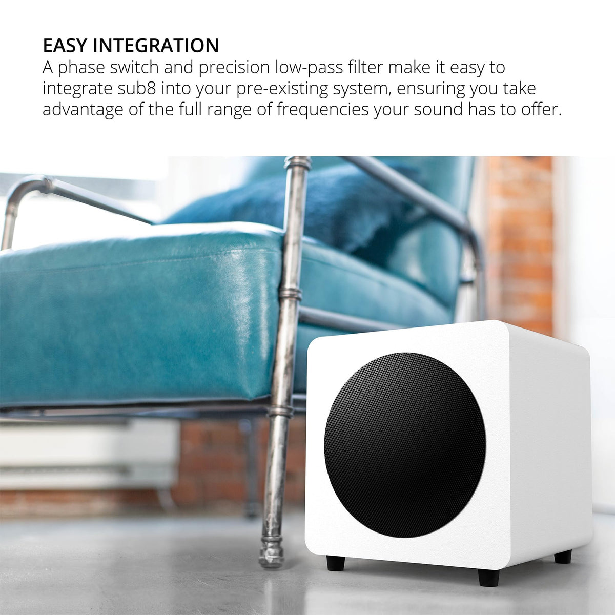 Kanto SUB8VMW matte white finish blends with decor