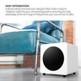 Kanto SUB8VMW matte white finish blends with decor