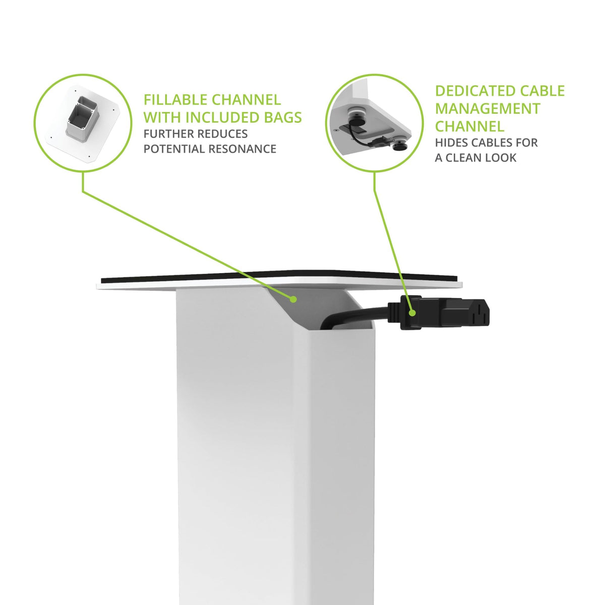 Kanto SX30 dedicated cable channel keeps cables tidy and protected during setup.