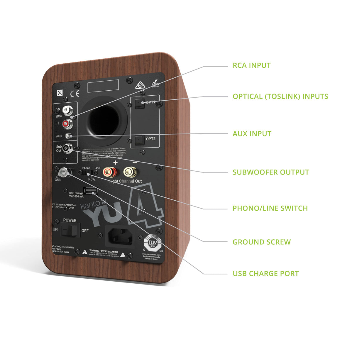 Kanto YU4WALNUT side profile emphasizing slim footprint