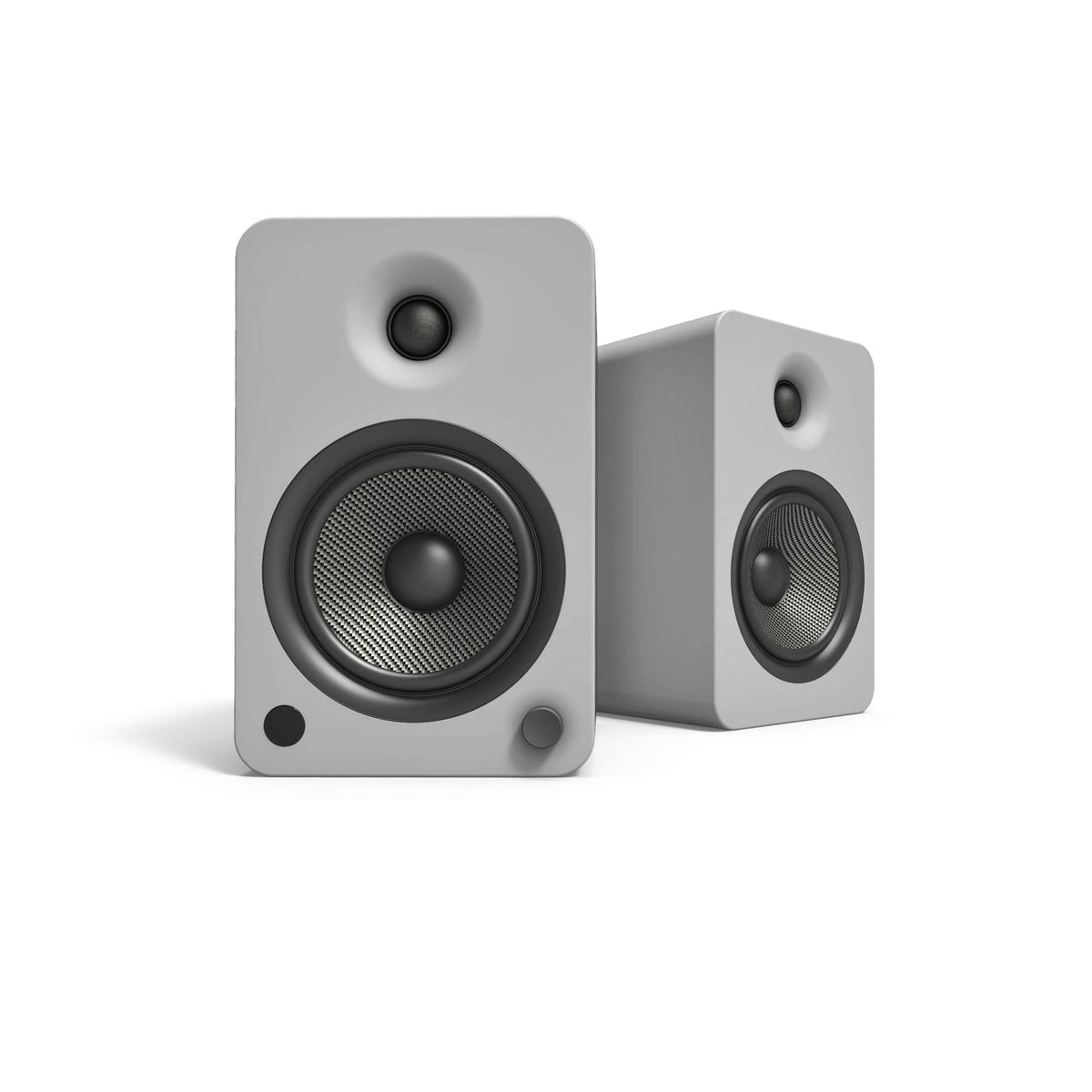 Kanto YU6MG front view with compact matte grey cabinets for rich stereo sound.