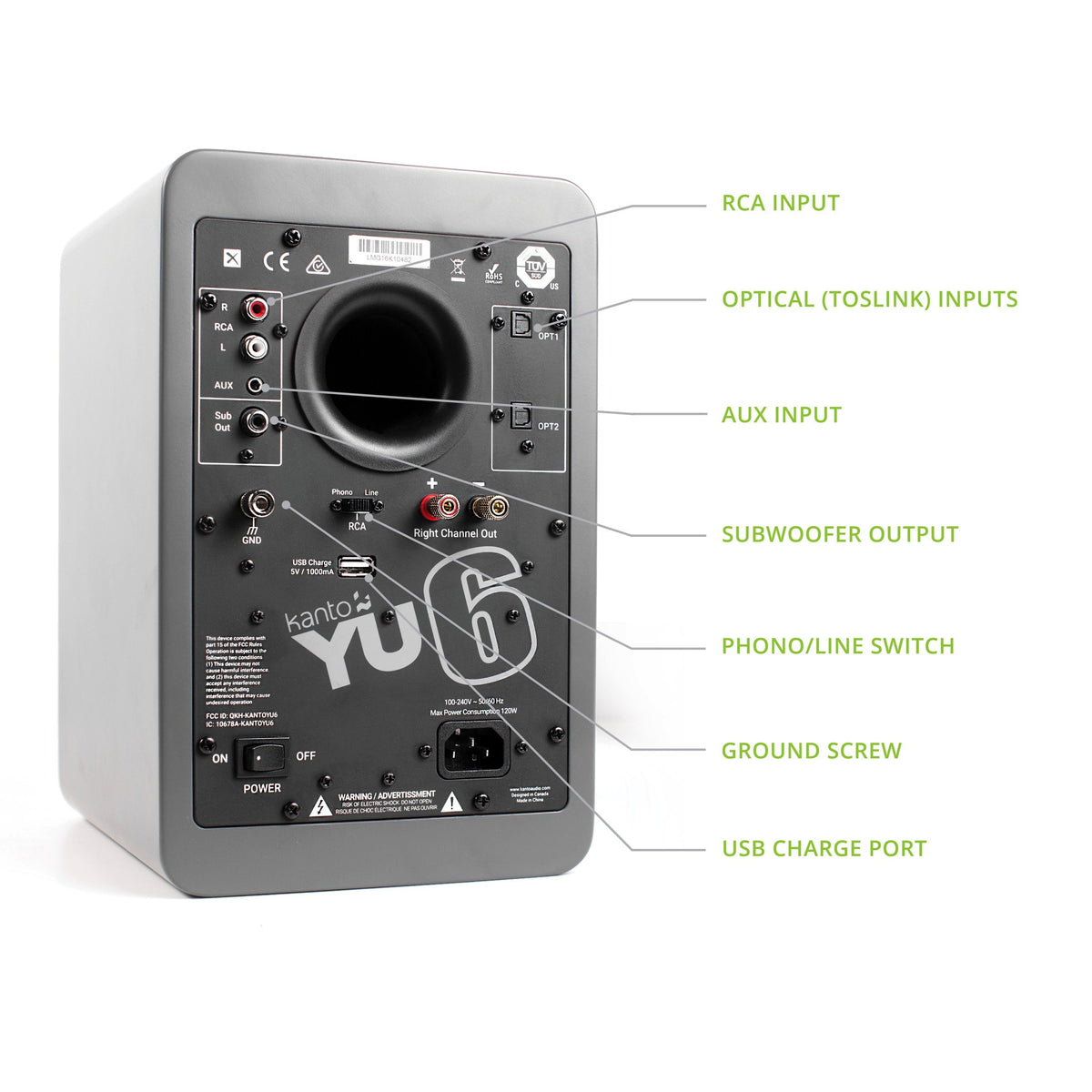 Kanto YU6MG rear panel showing phono preamp and cable ports.