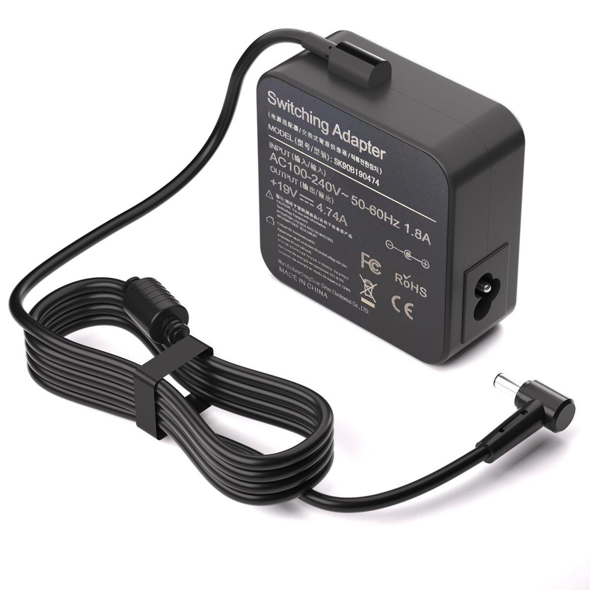 KAQIAR 90W laptop charger front view, compact design ideal for on-the-go Asus users.