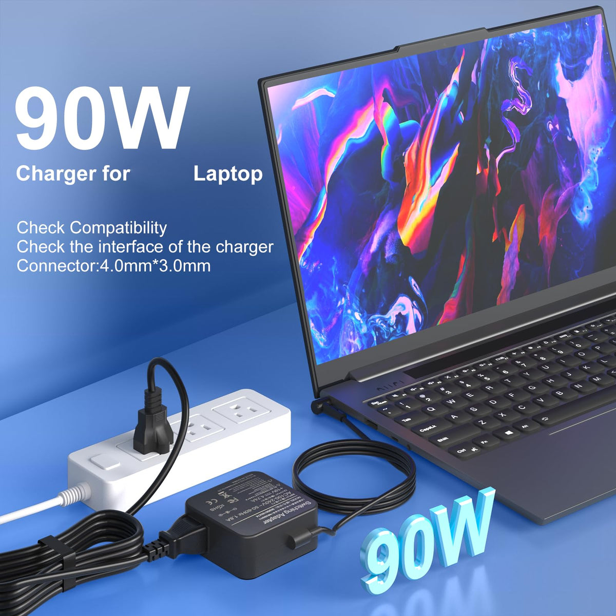 KAQIAR 90W charger side view shows slim profile for travel in laptop bags.