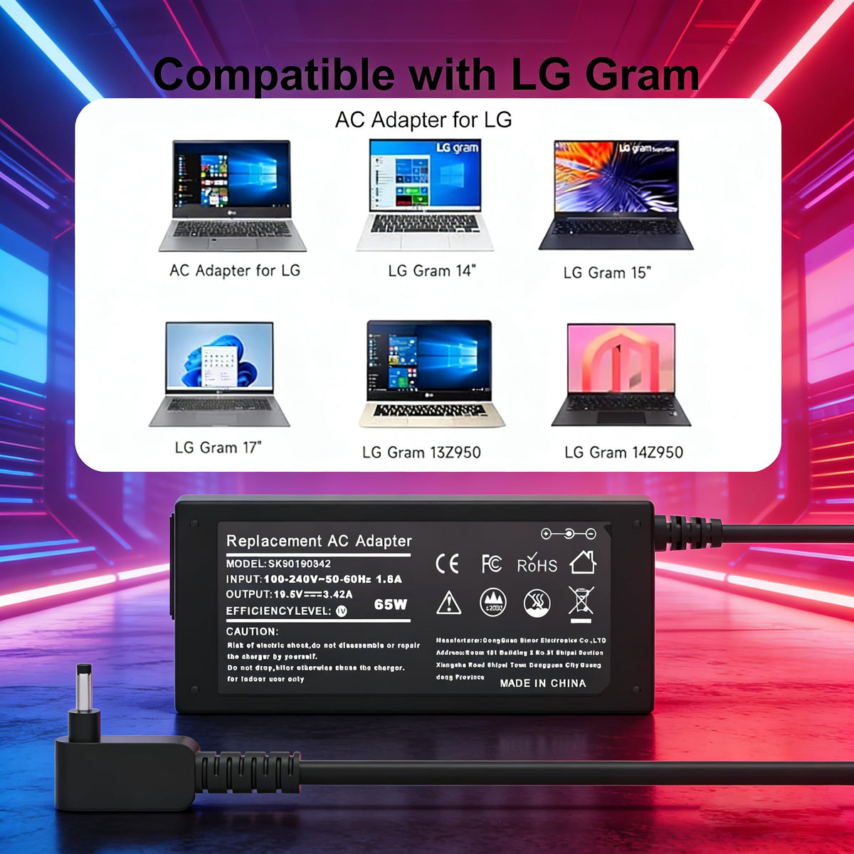 Compact travel charger fits easily in a laptop sleeve or bag.