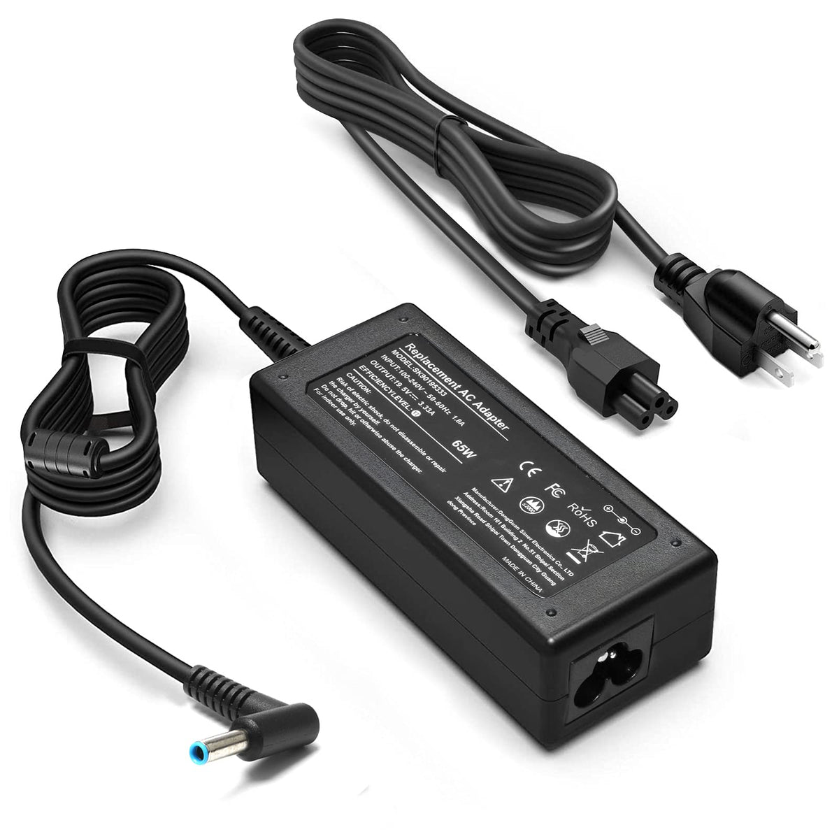 KAQIAR 65W HP Pavilion blue-tip charger powering a laptop