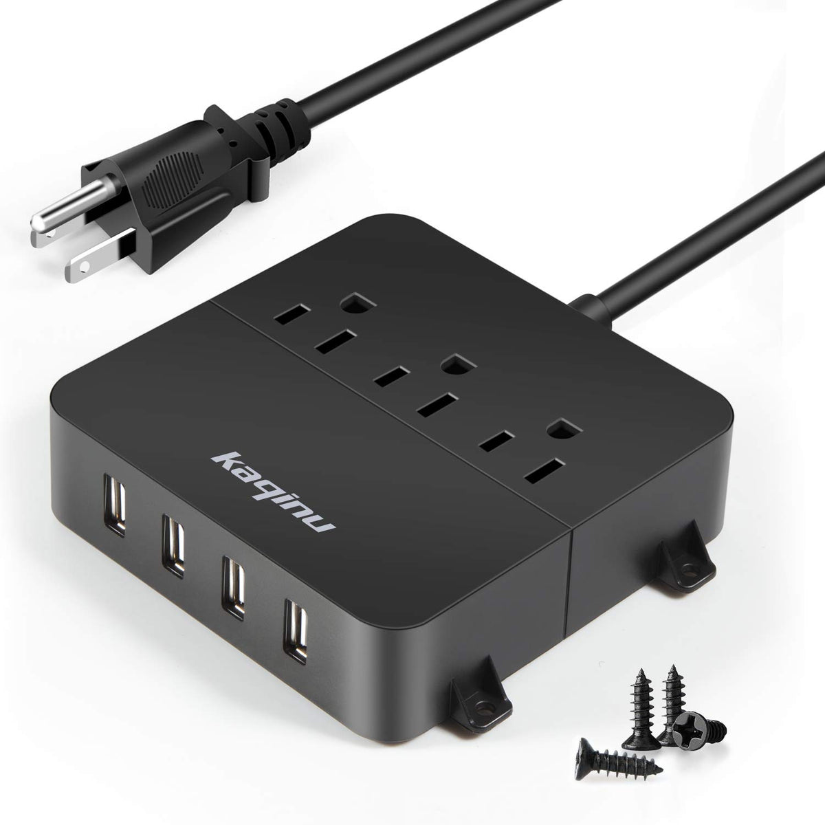 kaqinu power strip with four USB ports and three outlets, wall-mountable for organized charging