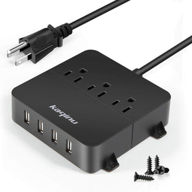 kaqinu power strip with four USB ports and three outlets, wall-mountable for organized charging