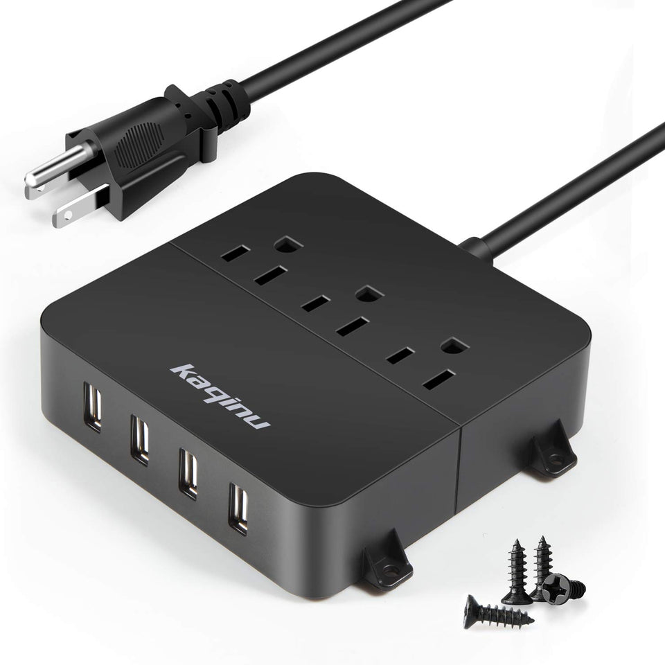 kaqinu power strip with four USB ports and three outlets, wall-mountable for organized charging