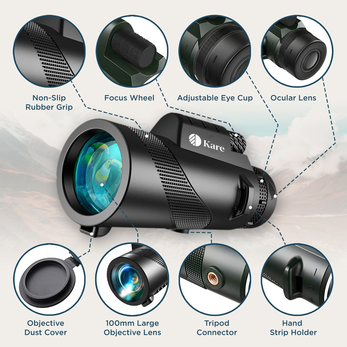 Kare 80x100 monocular side view highlighting rugged outdoor durability