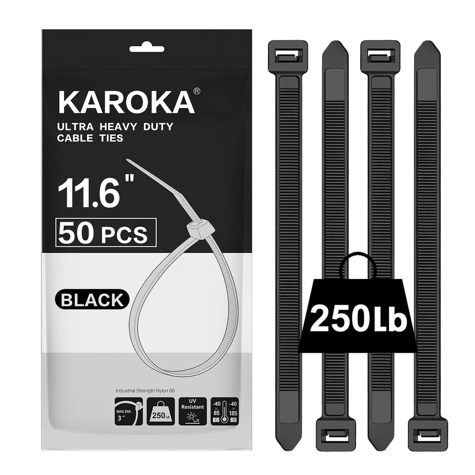Karoka heavy-duty zip tie 047inch wide secures bulky cables with high tensile strength.