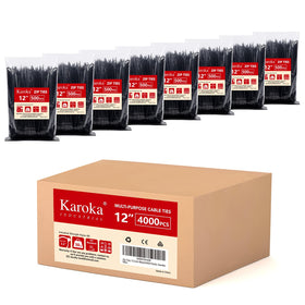 Karoka 12-inch black zip tie close-up showing rugged nylon for heavy-duty organization.