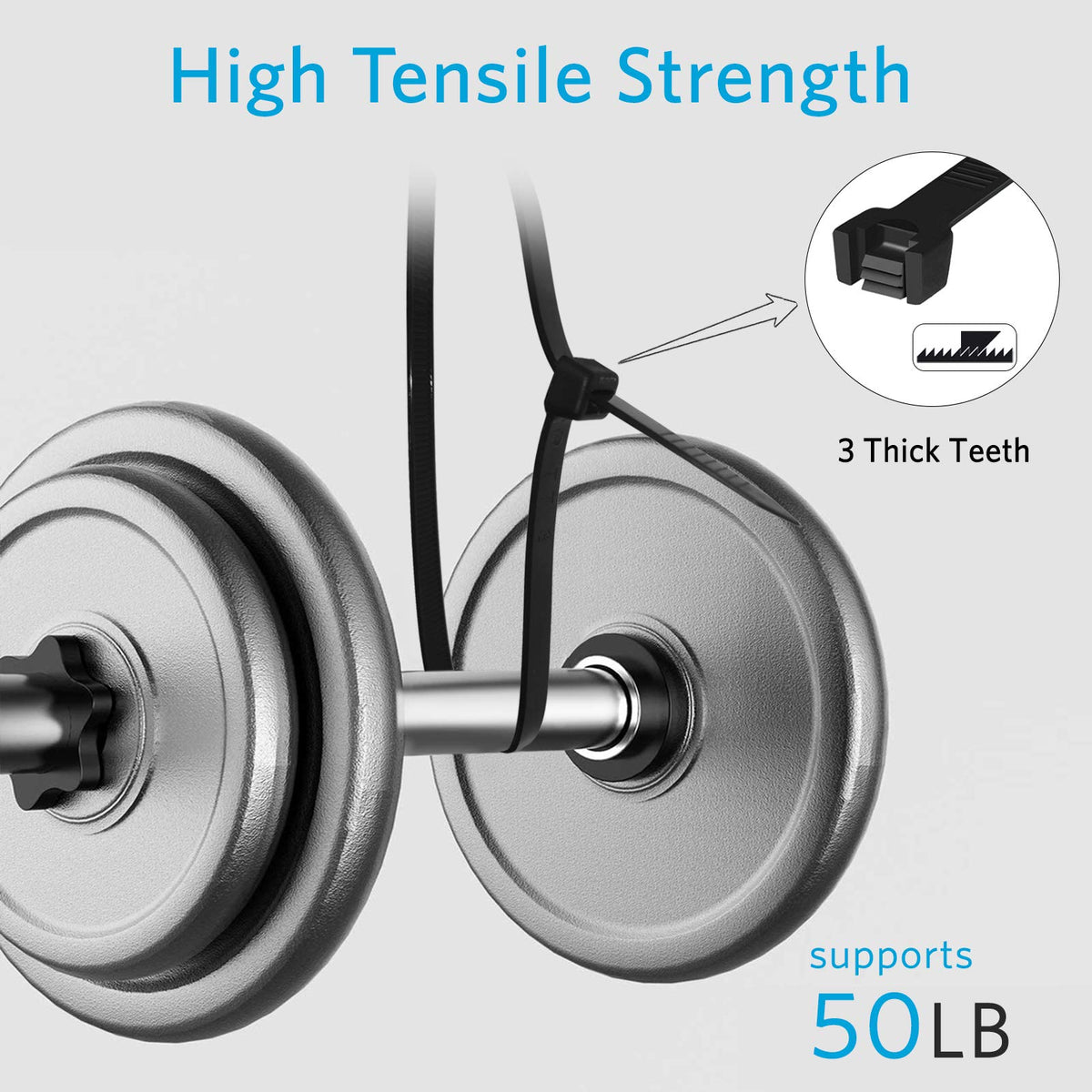 Karoka 12-inch black zip ties demonstrating 50lb tensile strength for secure bundles.