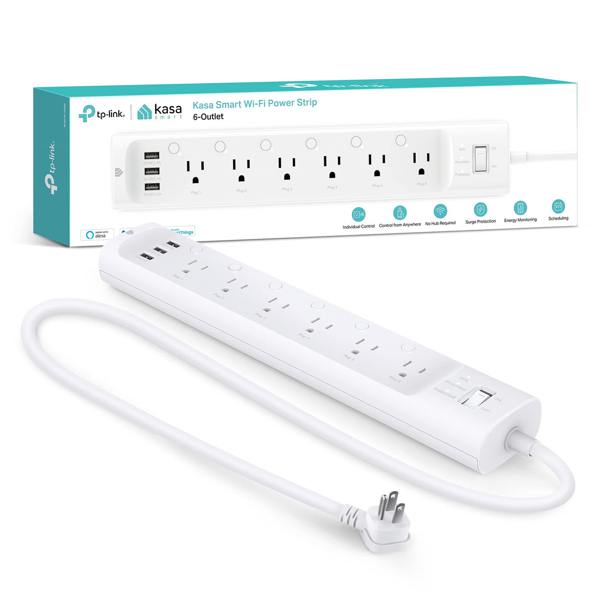 Kasa Smart HS300 front view showing six outlets and three USB ports for versatile control