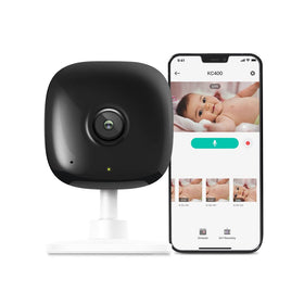 Kasa KC400 front view showing compact camera and base, clear home monitoring benefit