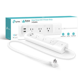 Kasa Smart KP303 front view showing three outlets and two USB ports for versatile control