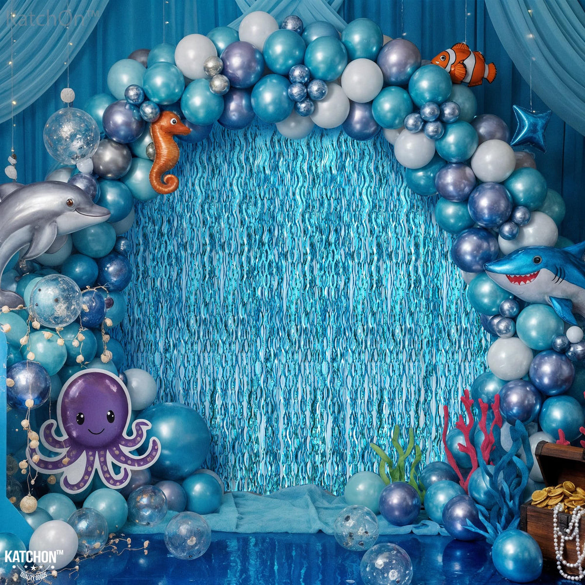 KatchOn blue fringe backdrop for doorways creates photo-worthy moments.