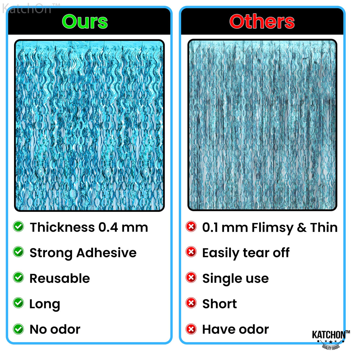 KatchOn blue foil fringe curtain adds shimmering backdrop for door openings.