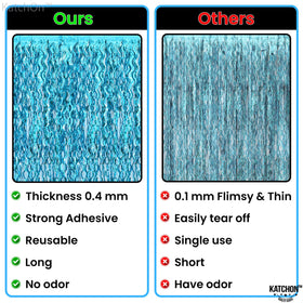 KatchOn blue foil fringe curtain adds shimmering backdrop for door openings.
