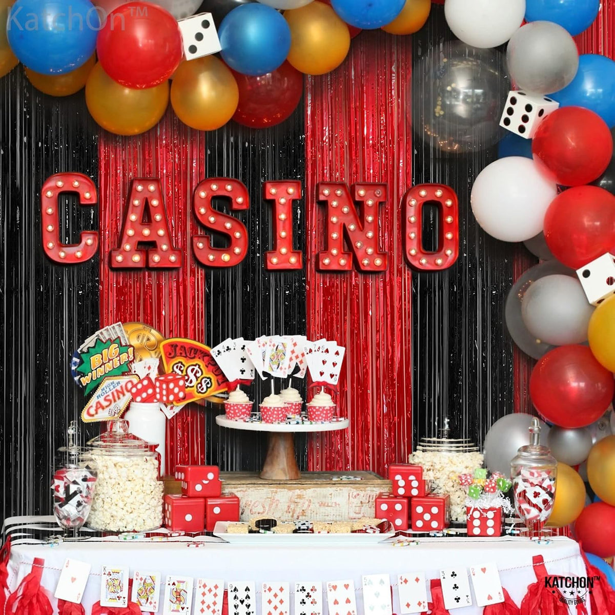 KatchOn curtain styled with balloon arch for coordinated party décor