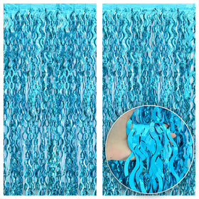 KatchOn Xtralarge wavy blue foil curtain pack 2 enhances sea party ambiance.