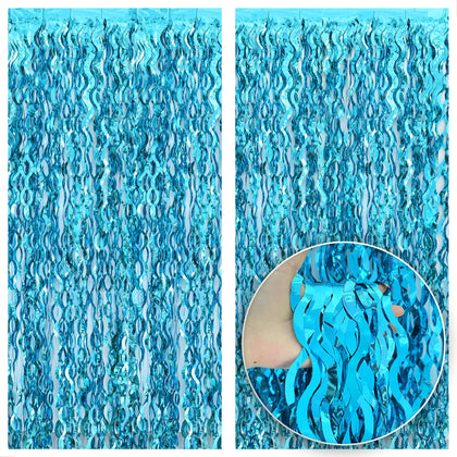 KatchOn Xtralarge wavy blue foil curtain pack 2 enhances sea party ambiance.