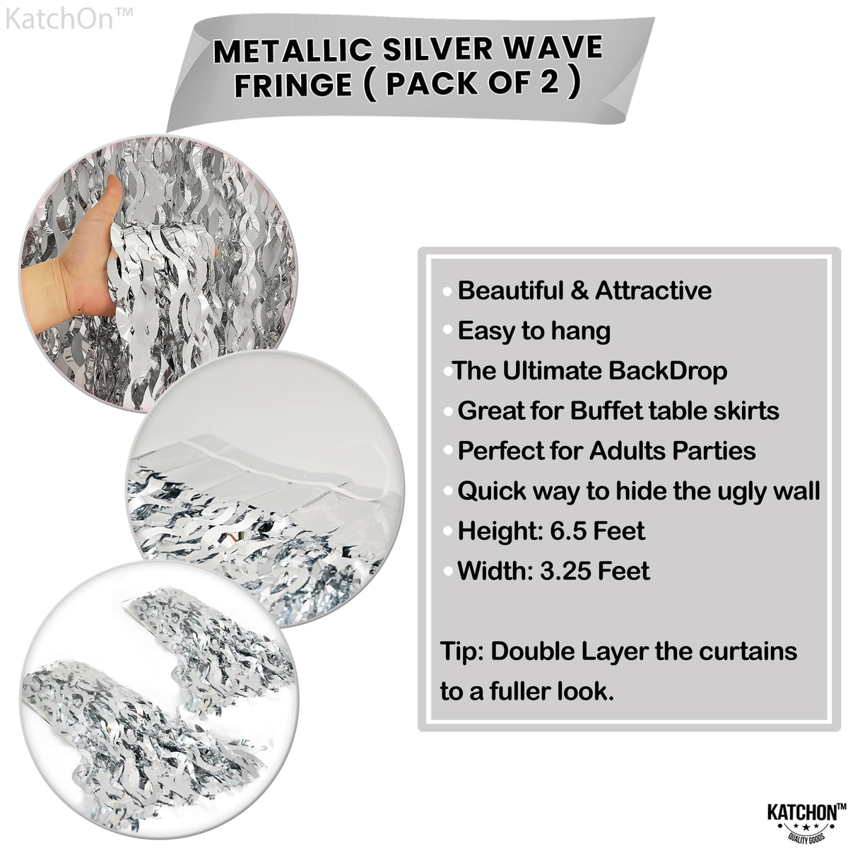 KatchOn XtraLarge wavy silver foil curtain with adhesive back for quick hanging