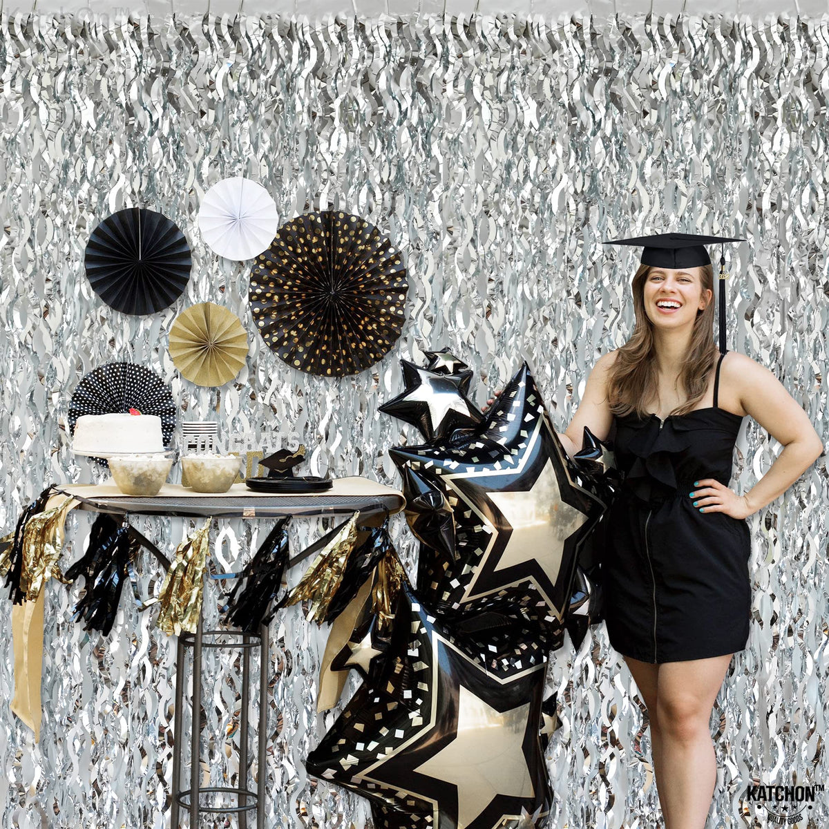 KatchOn XtraLarge wavy silver foil curtain reflecting lights for disco vibe