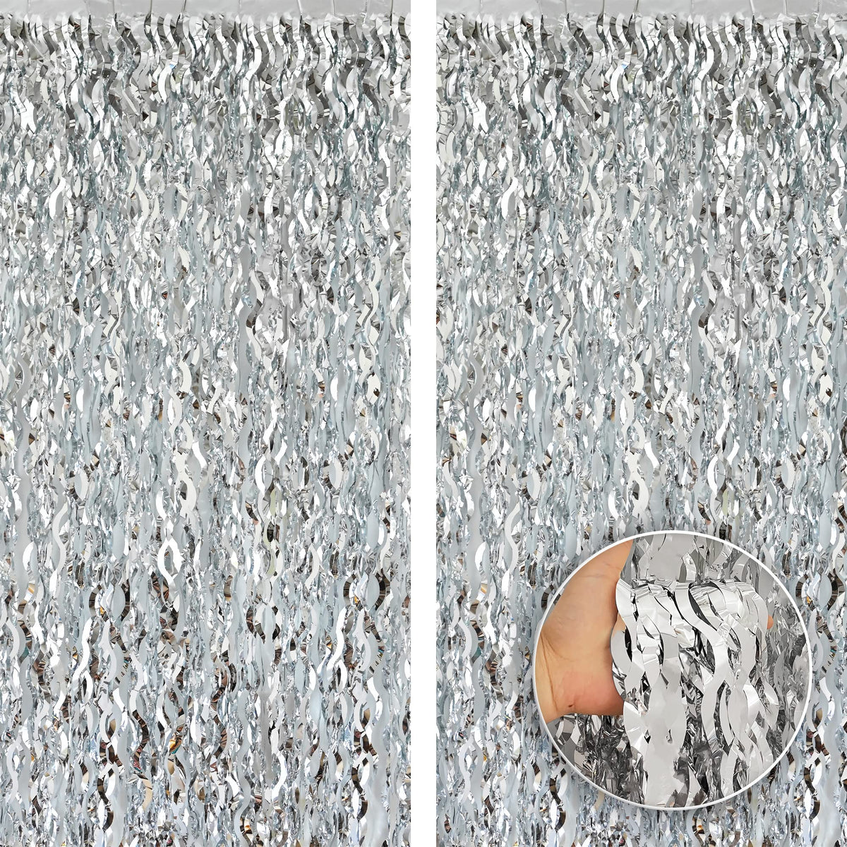 KatchOn XtraLarge wavy silver foil curtain panel front view for a glittering backdrop
