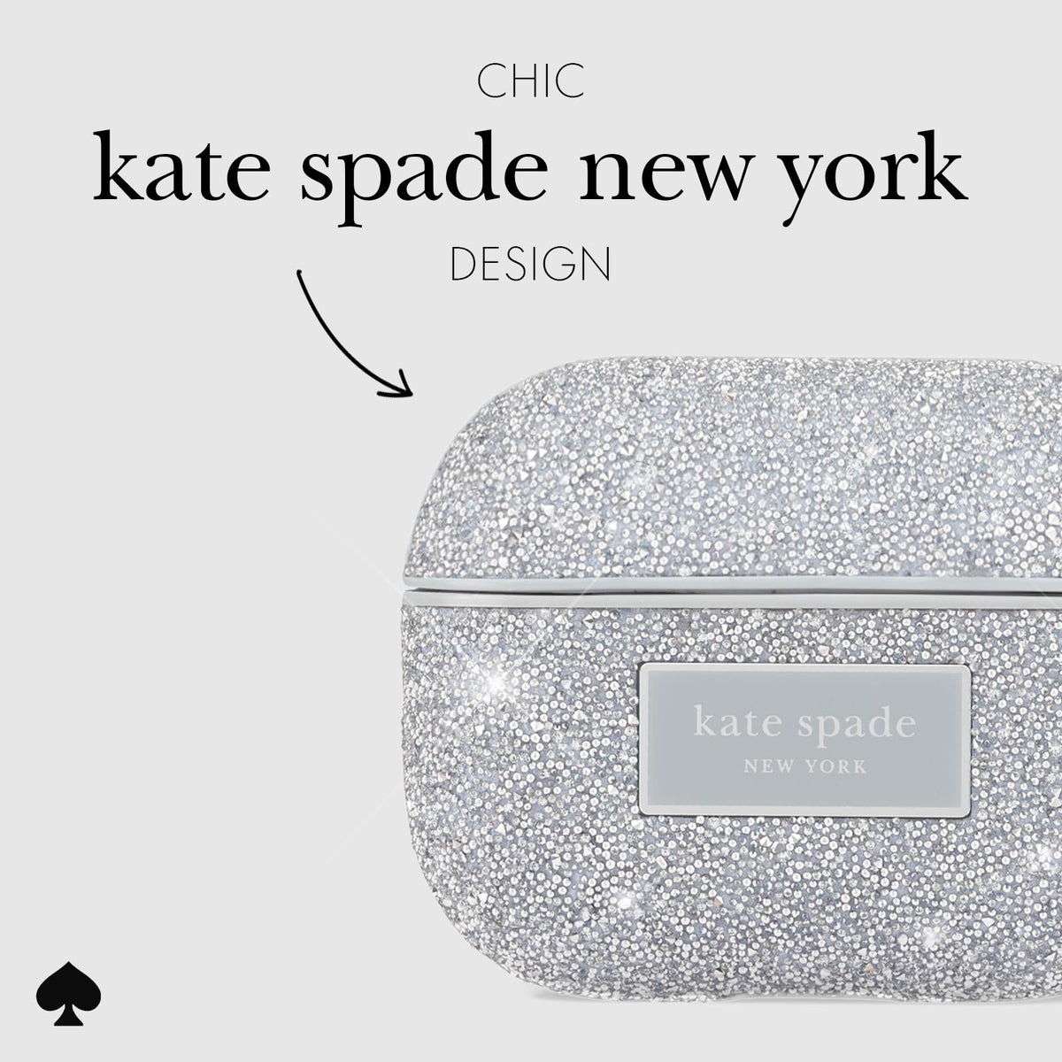 close-up of crystal pave detail on kate spade AirPods Pro case in silver