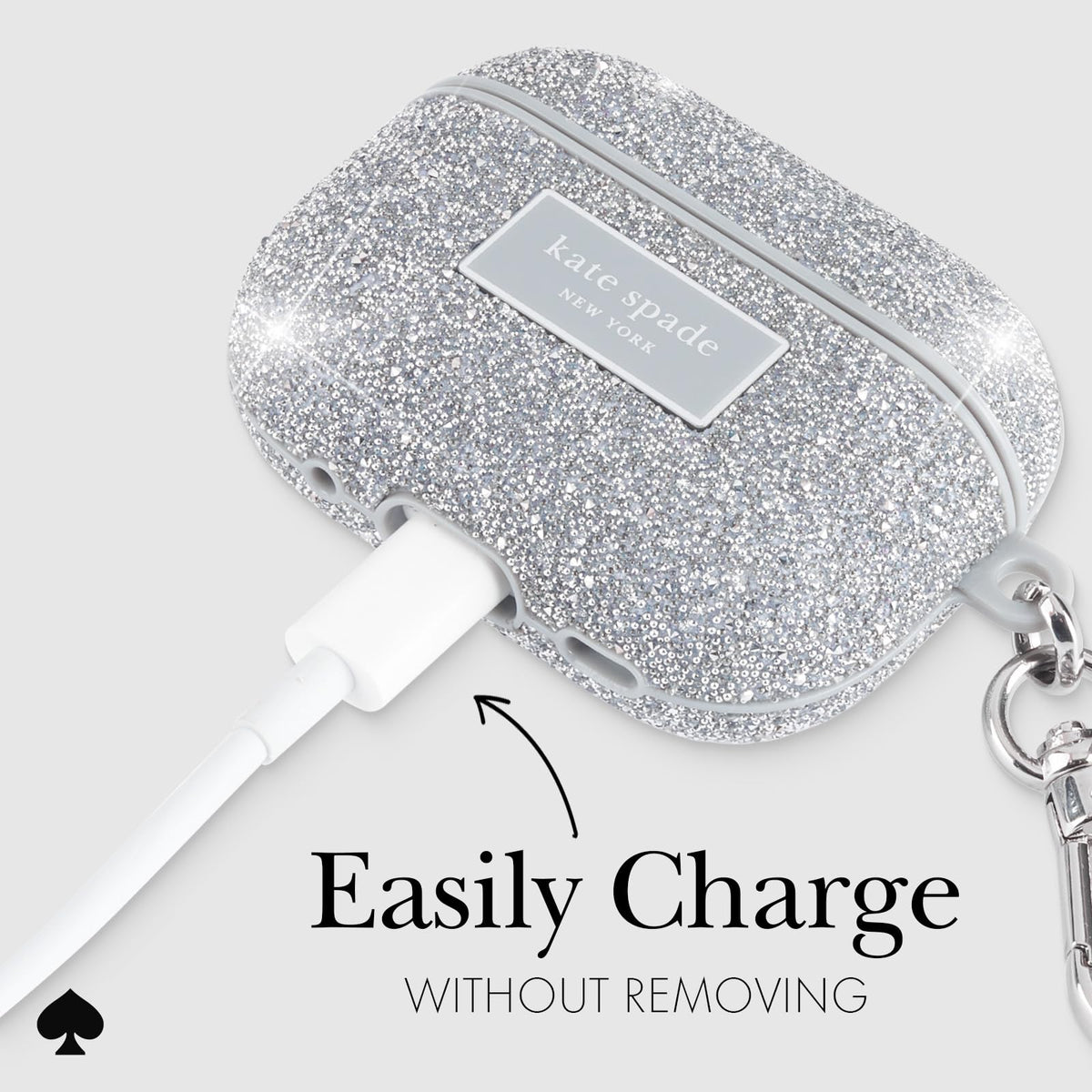 AirPods Pro case with silver keychain ring, attachment ready on kate spade