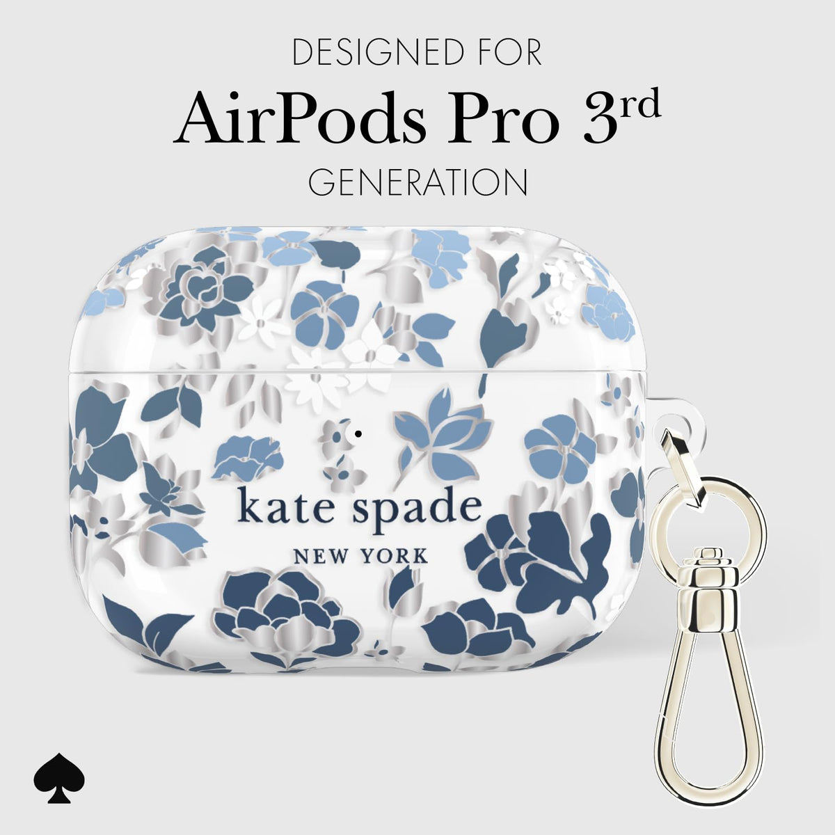 kate spade new york case next to AirPods box showing size comparison and portable protection benefit
