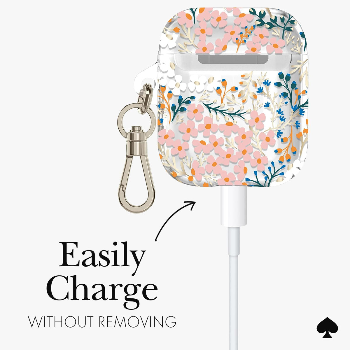 kate spade new york AirPods case, gold keychain on image, convenient on-the-go access