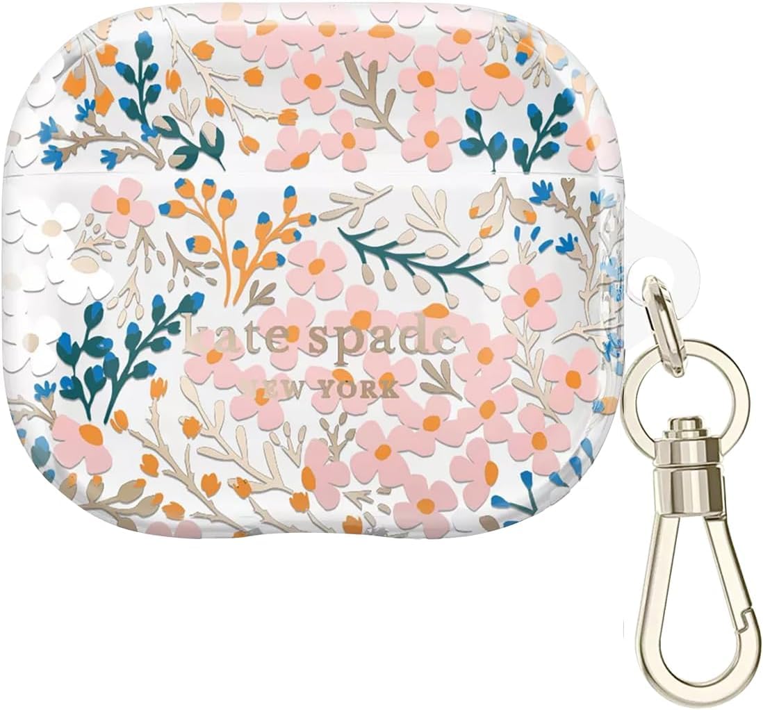kate spade new york AirPods case with gold keychain, convenient on-the-go access.