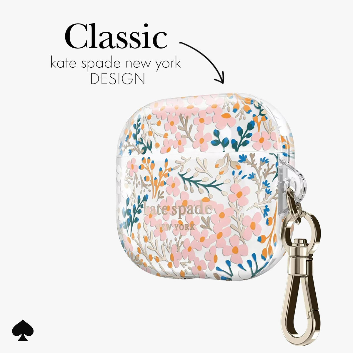 kate spade new york AirPods case with keychain ring, ready to attach to bags.