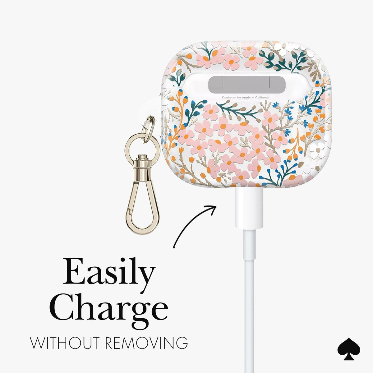 kate spade new york AirPods case shows wireless charging LED indicator, convenient power status.