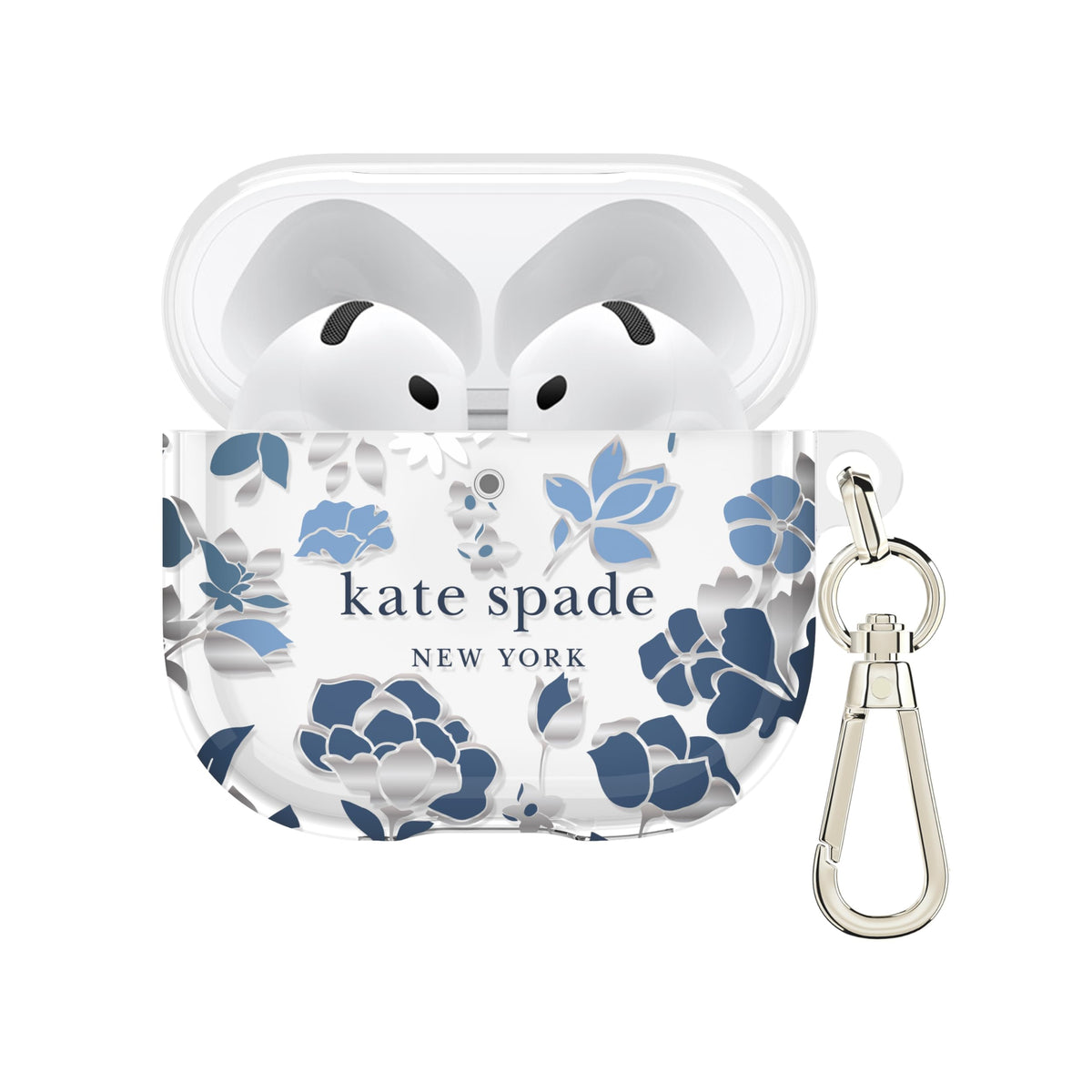 kate spade new york front view of Flowerbed Blue AirPods 4 case showing stylish protection