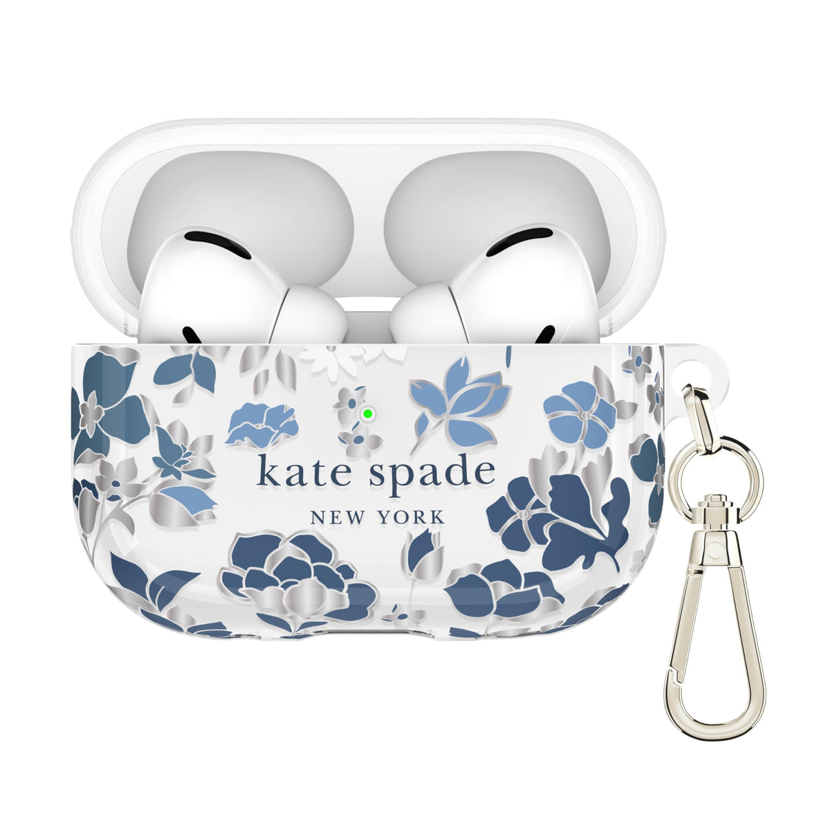 kate spade new york front view showing Flowerbed Blue case protecting AirPods Pro