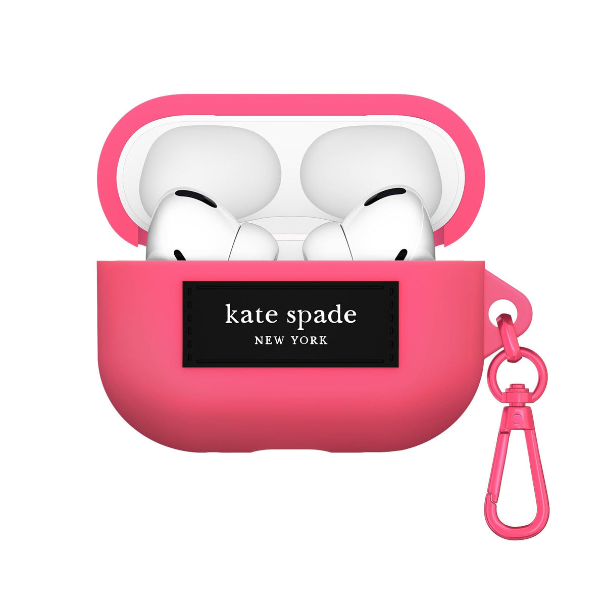 kate spade new york front view of Pom Pom Pink case showing brand and stylish protection