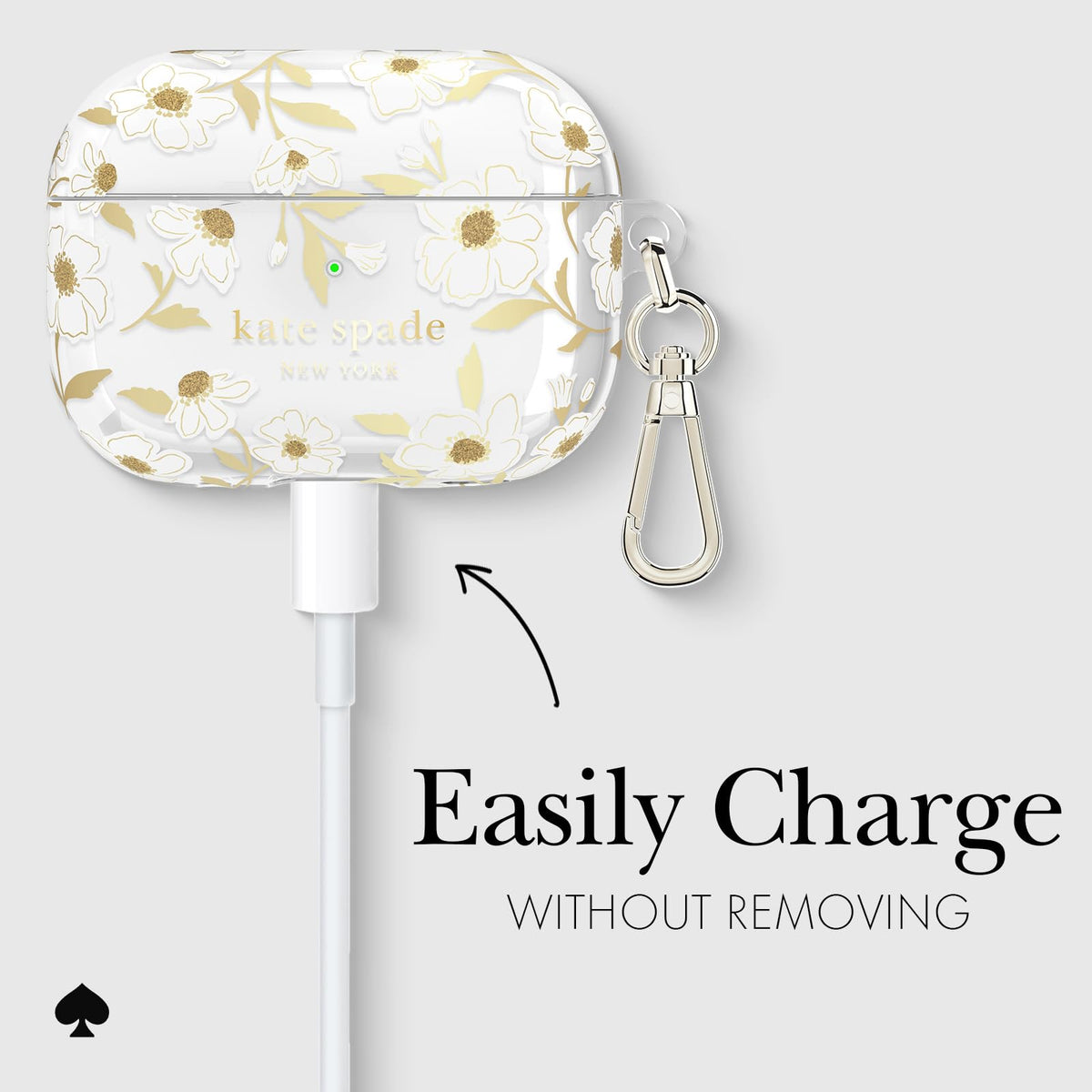 kate spade new york case on wireless charger showing charging compatibility benefit