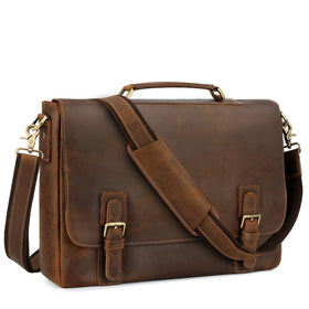 Kattee men's leather satchel front view with twin buckles for quick access