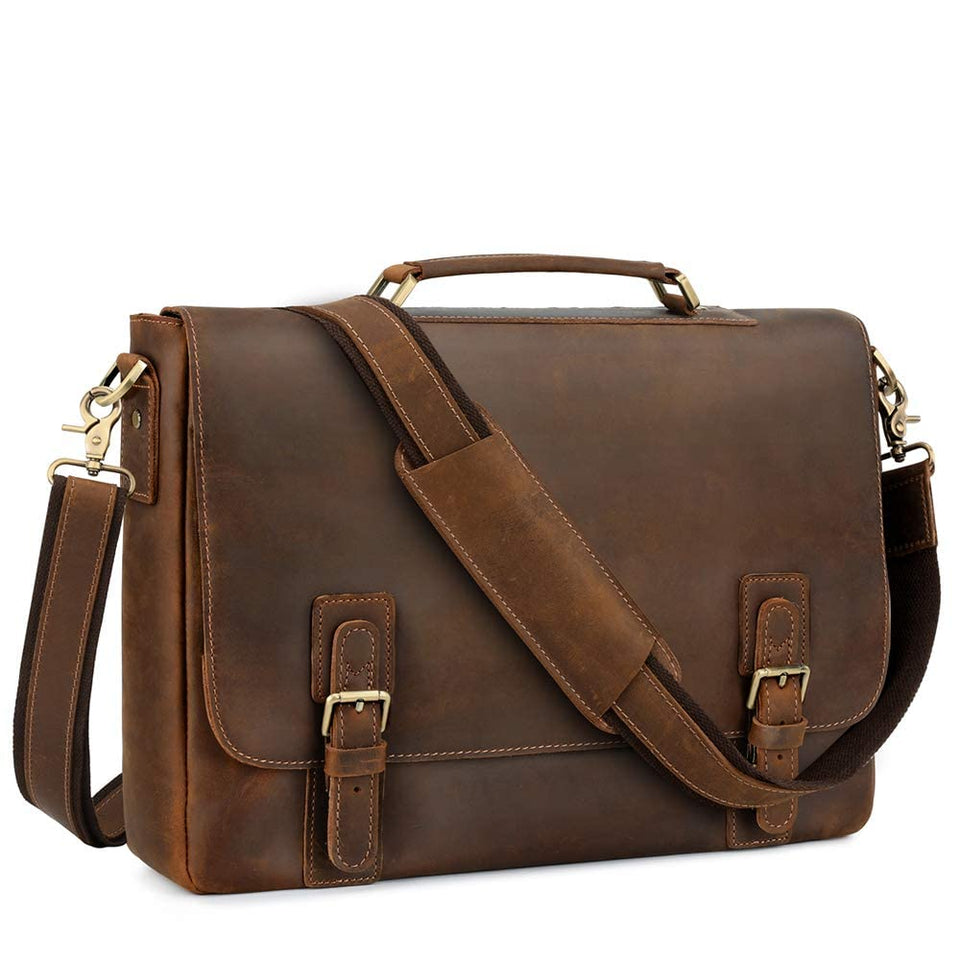 Kattee men's leather satchel front view with twin buckles for quick access