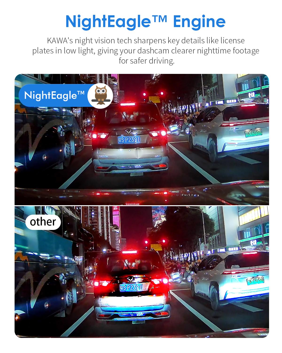 KAWA dash cam night vision sample showing improved low-light color detail