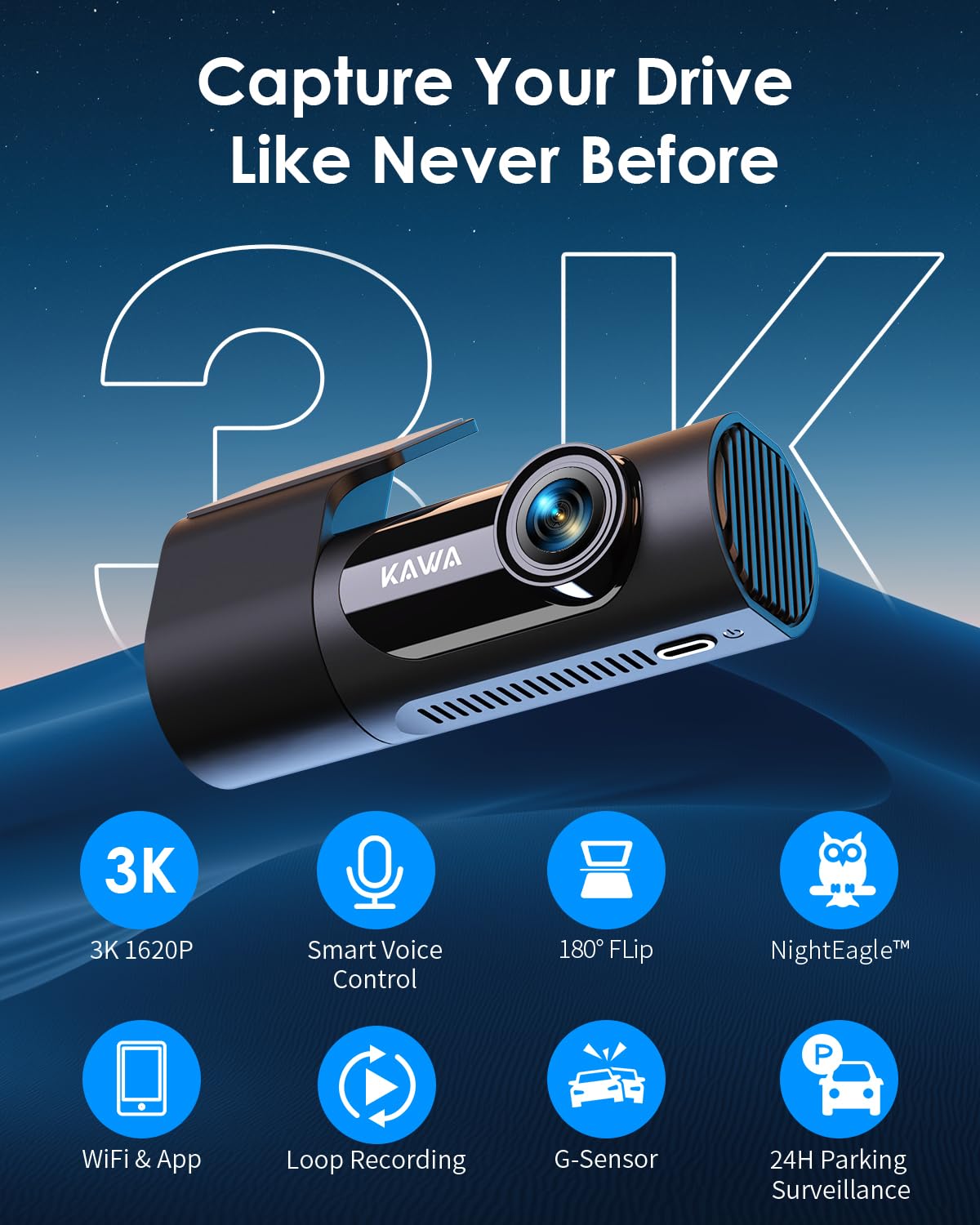 KAWA dash cam side profile highlighting slim form factor and unobstructed driver view