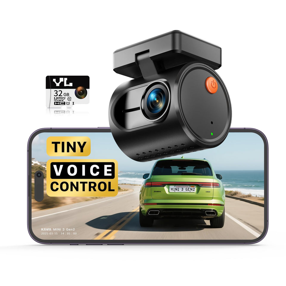 KAWA front view dash cam showing compact form and clear lens benefit