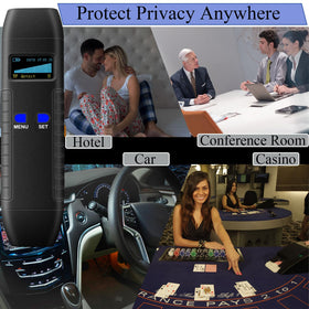 KAXYUYA device shown in hotel room setup for discreet room scanning.