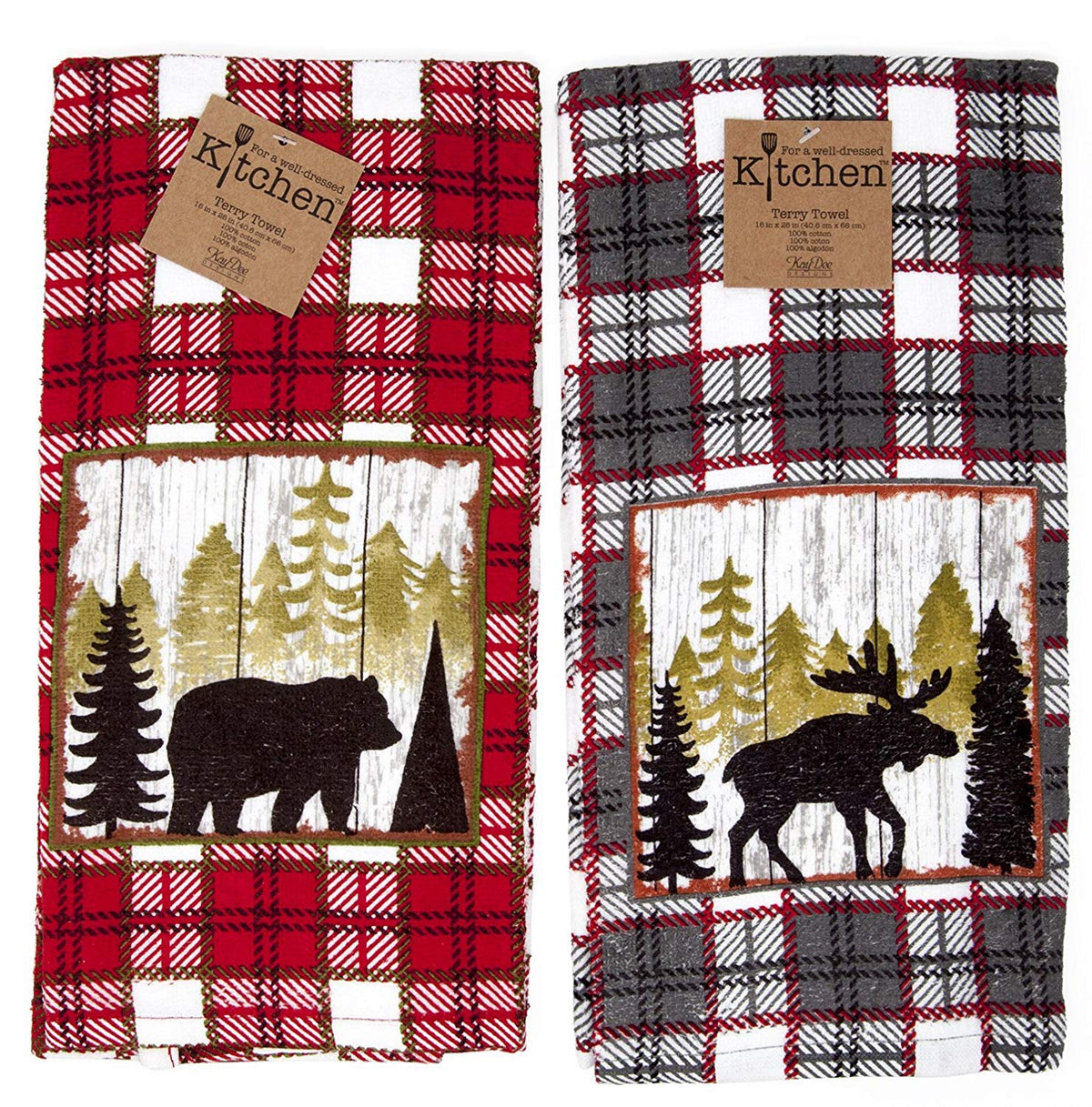 Kay Dee towel with cabin-moose motif, soft absorbency for kitchen use.