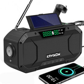 KAYINOW solar hand crank radio front view shows waterproof design for outdoor use