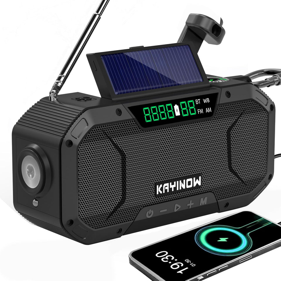KAYINOW solar hand crank radio front view shows waterproof design for outdoor use